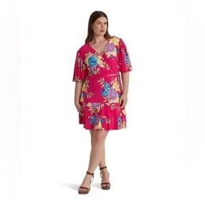 LAUREN RALPH LAUREN Valayna 3/4 Sleeve Day Dress Pink Floral Size 16 Faux Wrap